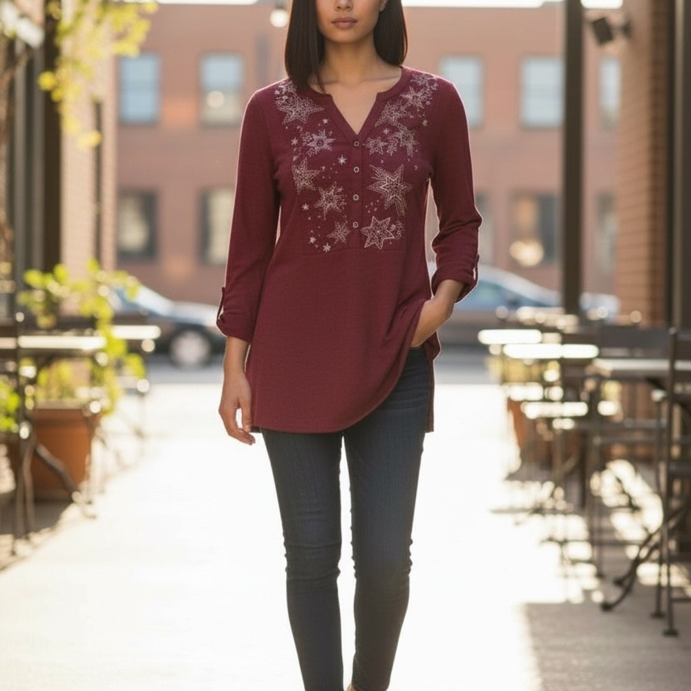 Style & Co. Embroidered Henley Top Petite Medium – NWT ✨